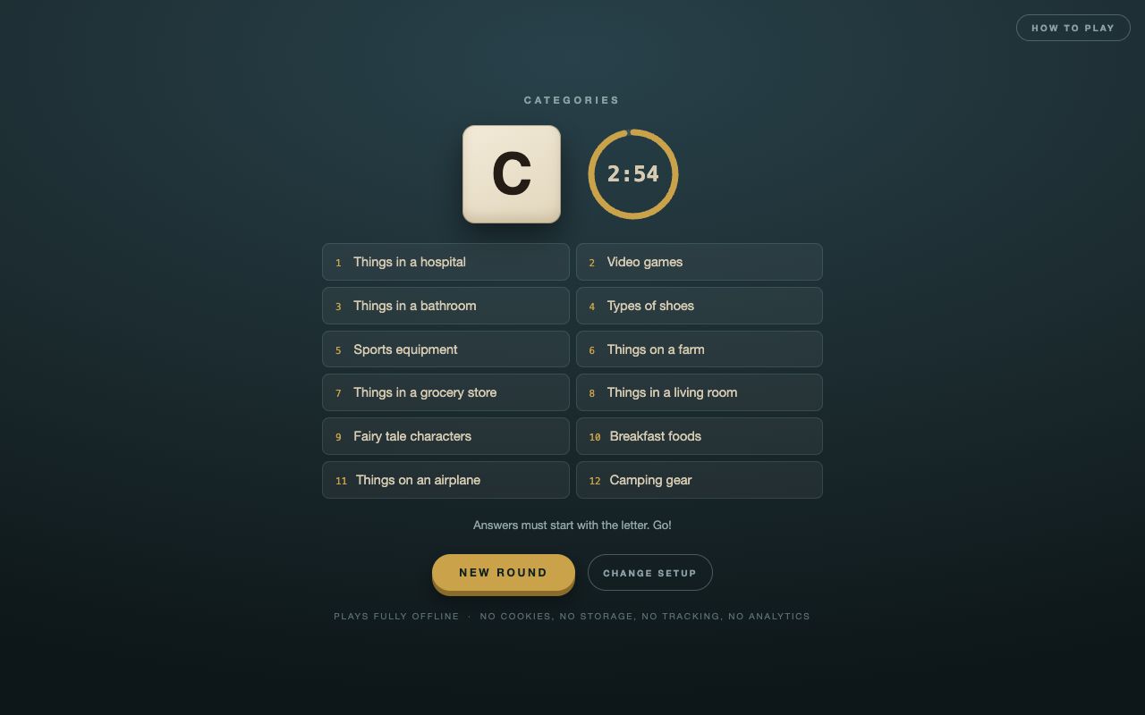 Categories round with a letter and twelve prompts