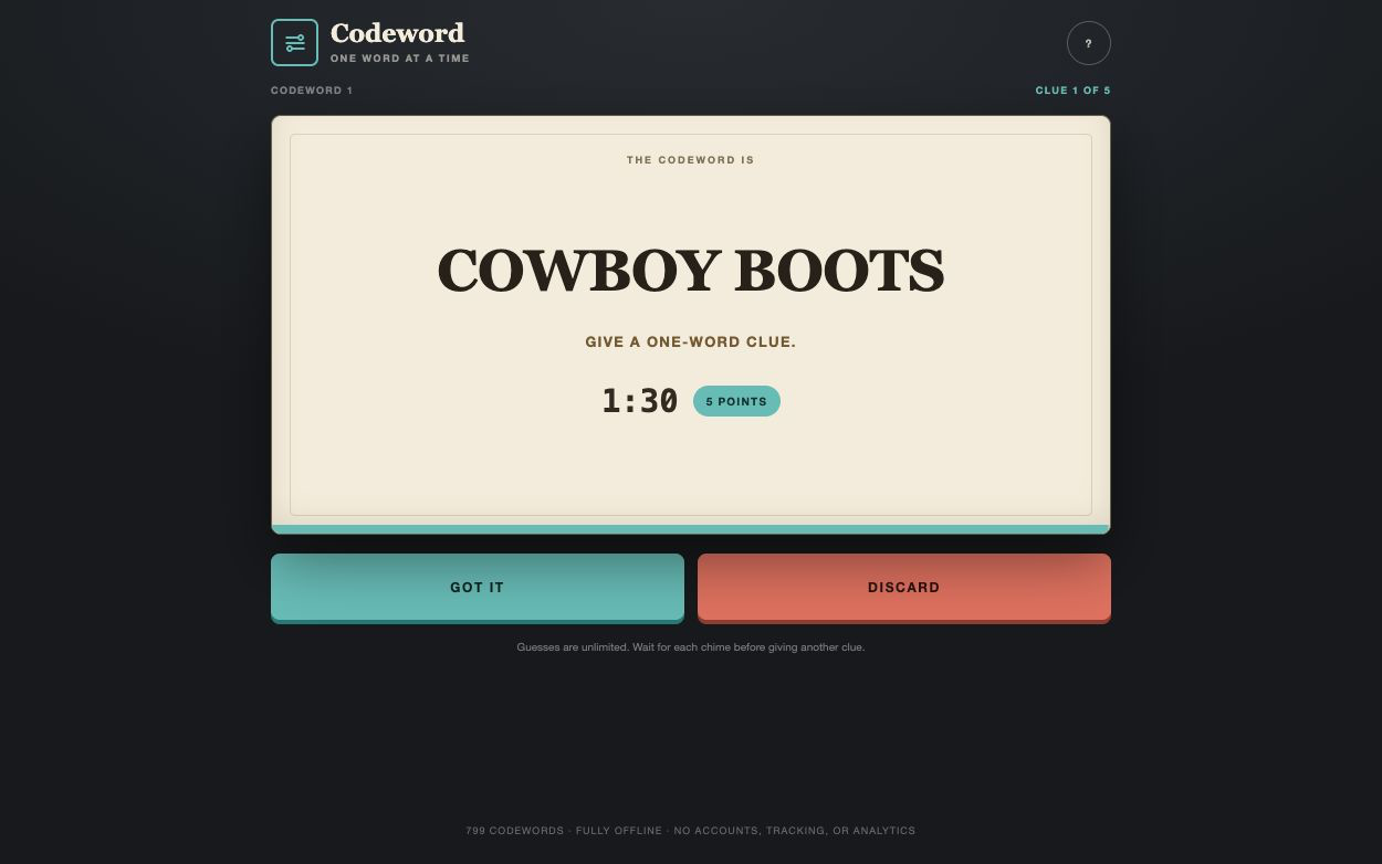 Codeword card with a secret word, timer, and point value