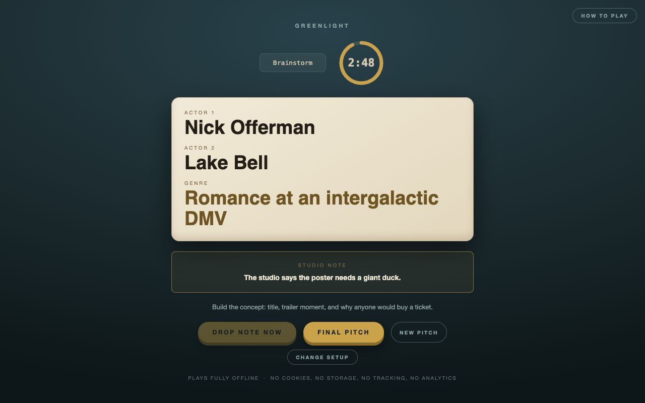 Greenlight movie pitch with actors, genre, and studio note