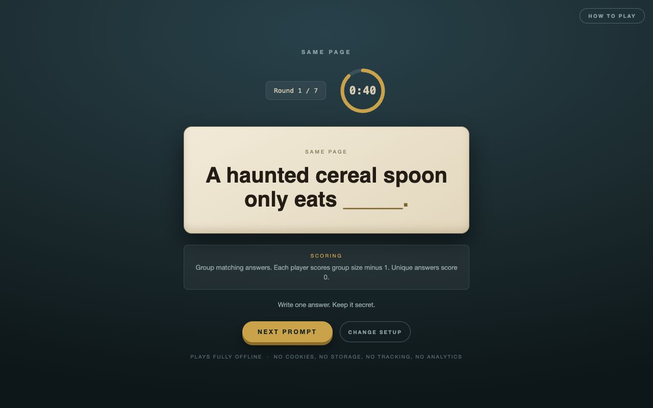 Same Page fill-in prompt during a timed round