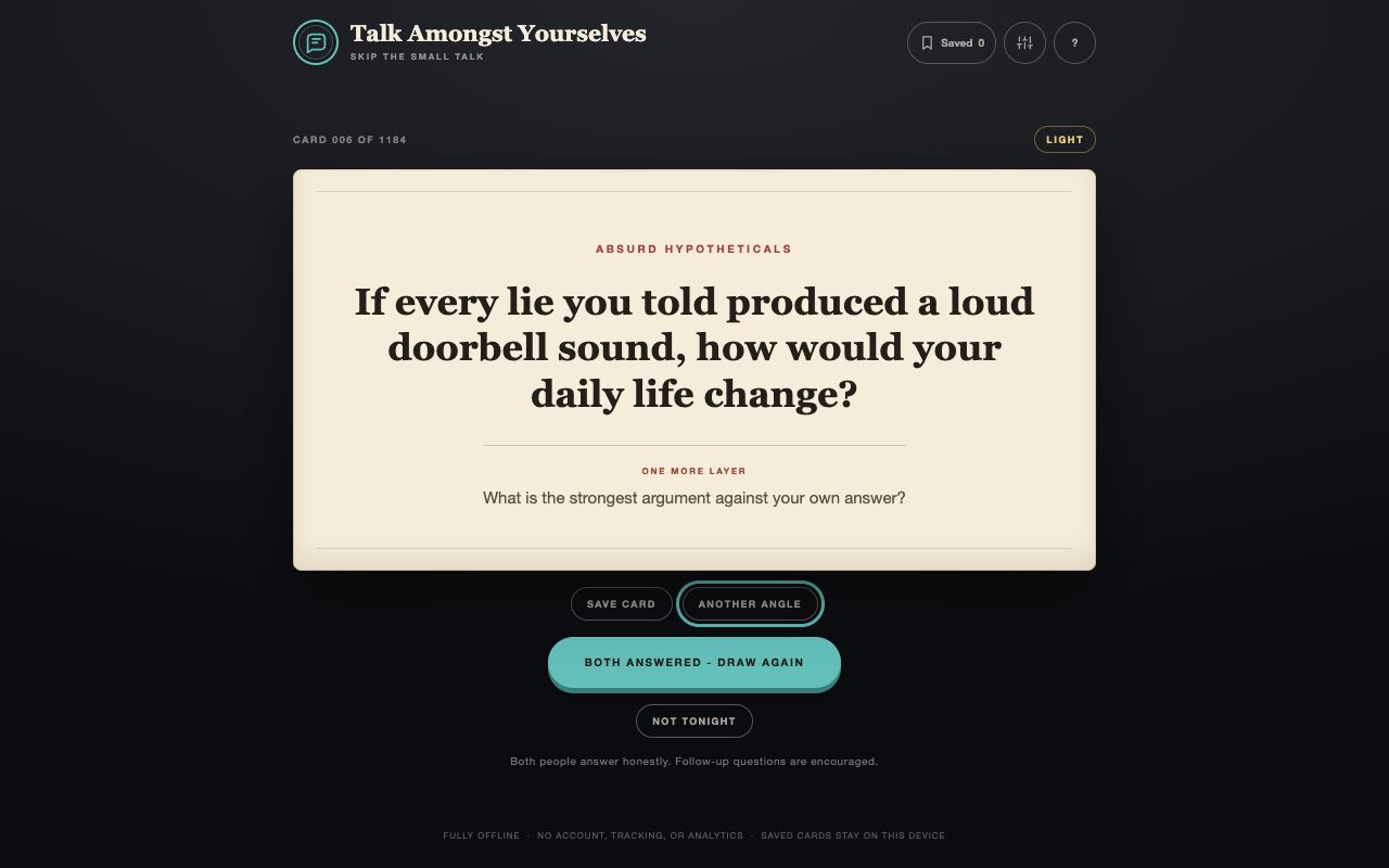Talk Amongst Yourselves question card with a deeper follow-up